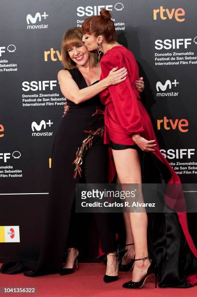 Actresses Eva Llorach and Najwa Nimri attend the 'Quien Te Cantara' premiere during the 66th San Sebastian International Film Festival at the Kursaal...