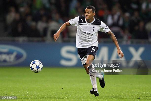 Jermaine Jenas of Tottenham controls the ball during the UEFA Champions League group A match between SV Werder Bremen and Tottenham Hotspur at Weser...