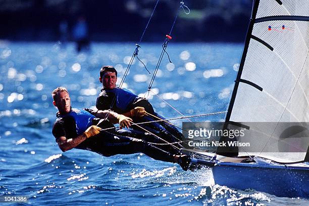French team compete in the 49ers race during the regatta on Sydney Harbour in the lead up to the 2000 Olympic Games in Sydney, Australia. Mandatory...