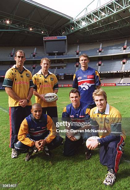 Matthew Croft, Steven Kretiuk and Scott West from the Western Bulldogs, meet with George Gregon, Stephan Larkham and Joe Roff from the Australian...