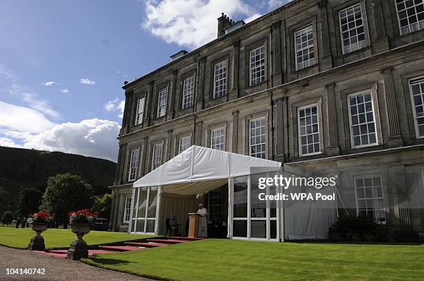 Pope Benedict XVI addresses a crowd in the gardens at the Palace of Holyroodhouse during day one of his four day state visit to the United Kingdom at...