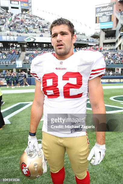 Nate Byham of the San Francisco 49ers stands on the field prior to the season opener against the Seattle Seahawks at Qwest Field on September 12,...