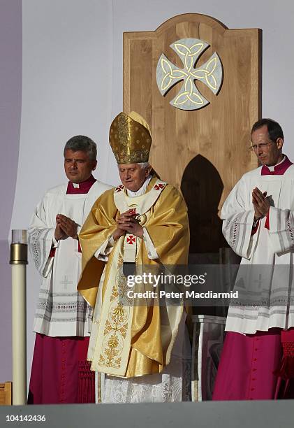 Pope Benedict XVI conducts Mass at Bellahouston Park on September 16, 2010 in Glasgow, Scotland. Pope Benedict XVI is conducting the first state...