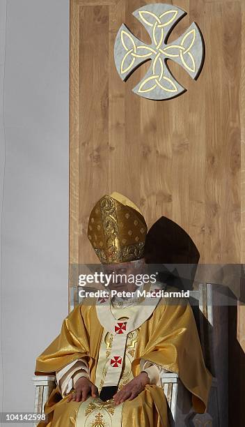 Pope Benedict XVI conducts Mass at Bellahouston Park on September 16, 2010 in Glasgow, Scotland. Pope Benedict XVI is conducting the first state...