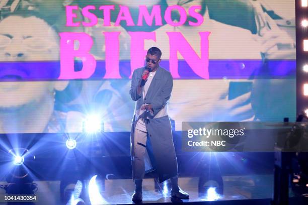 Episode 0932 -- Pictured: Musical Guest Bad Bunny performs "Estamos Bien" on September 26, 2018 --