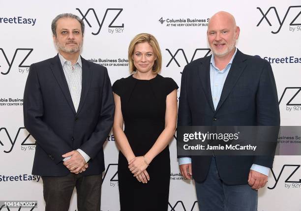 Preet Bharara,Elise Jordan and Steve Schmidt attend the 92nd Street Y presents "Elise Jordan And Steve Schmidt In Conversation With Preet Bharara" at...