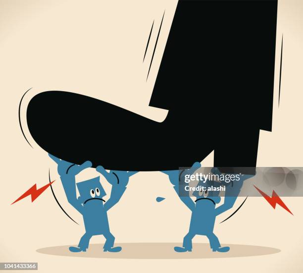 two men lifting a huge foot - unfairness stock illustrations