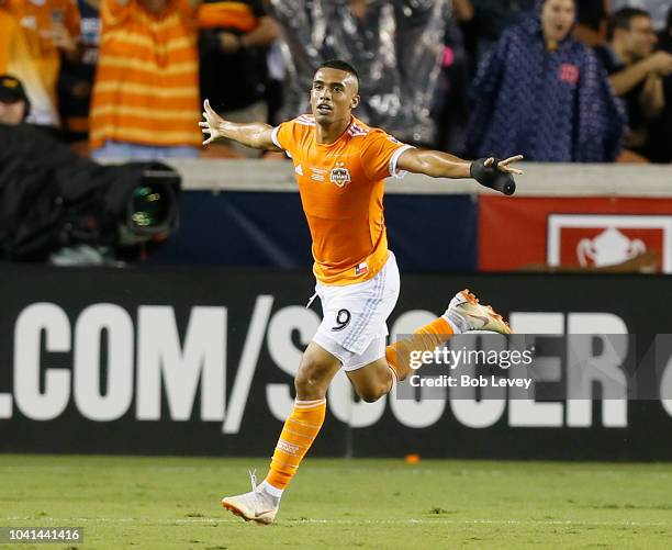 Mauro Manotas of Houston Dynamo celebrates his second goal of the first half against the Philadelphia Union during the 2018 Lamar Hunt U.S. Open Cup...