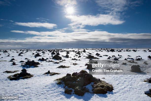 Lauskalavarda, a lava ridge with stone cairns and volcanic lava mounds between Vik and Kirkjubaejarklaustur close by Katla volcano in South Iceland.