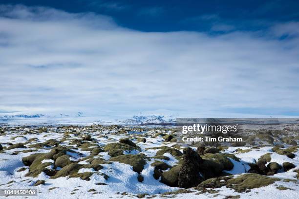 Volcanic lava mounds field like lunar landscape between Vik and Kirkjubaejarklaustur close by Katla volcano in South Iceland.