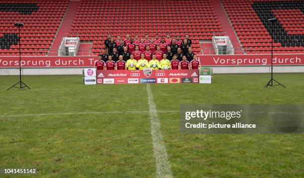 The FC Ingolstadt 04 team with equipment manager Michael Klattenbacher, Maurice Multhaup, Sonny Kittel, Markus Suttner, Mathew Leckie, Dario Lezcano,...