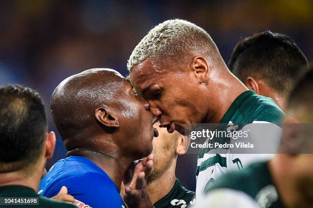 Sassa of Cruzeiro and Deyverson of Palmeiras fight during the game a match between Cruzeiro and Palmeiras as part of Copa do Brasil 2018 at Mineirao...