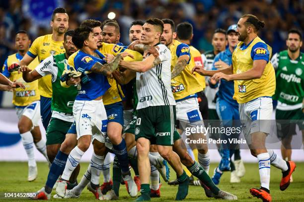 Players of Cruzeiro and Palmerias fight after the game between Cruzeiro and Palmeiras as part of Copa do Brasil 2018 at Mineirao stadium on September...