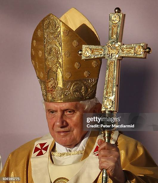 Pope Benedict XVI conducts Mass at Bellahouston Park on September 16, 2010 in Glasgow, Scotland. Pope Benedict XVI is conducting the first state...