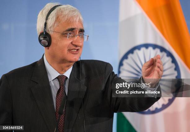 Indian Foreign Minister Salman Khurshid gives a press conference at the Foreign Office in Berlin, Germany, 10 April 2013. The governments of India...