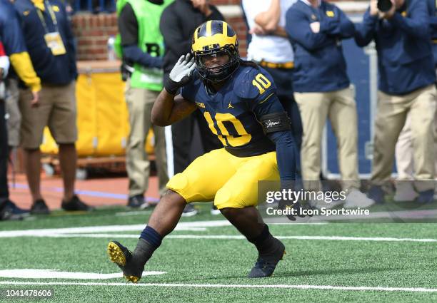 Michigan's Devin Bush in action during the Wolverines' 56-10 win over Nebraska in a college football game on September 22 at Michigan Stadium in Ann...