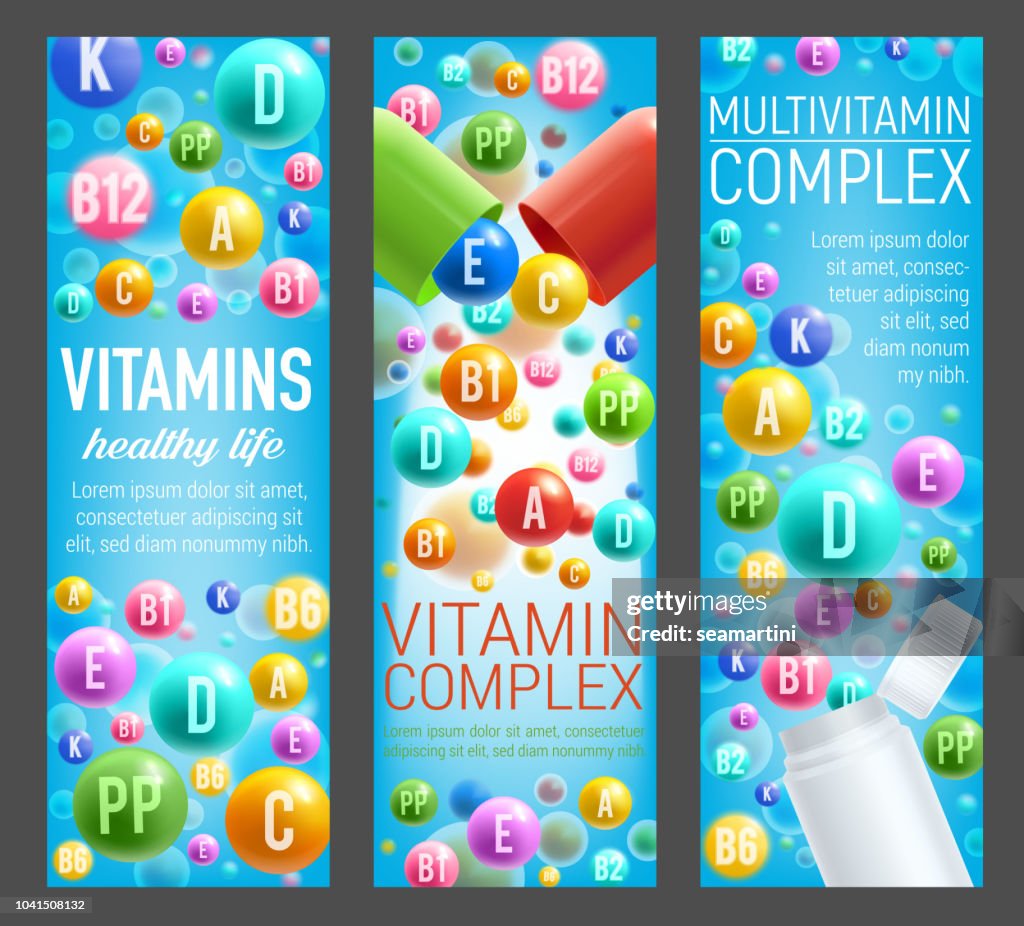 Multivitamin Vector Vitamin Complex And Multivitamin Pills Banners High-Res Vector Graphic ...