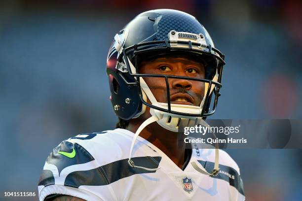 Brandon Marshall of the Seattle Seahawks warms up prior to the game against the Chicago Bears at Soldier Field on September 17, 2018 in Chicago,...