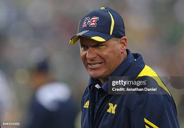 Head coach Rich Rodriguez of the Michigan Wolverines yells at an assistant coach during a game against the Notre Dame Fighting Irish at Notre Dame...