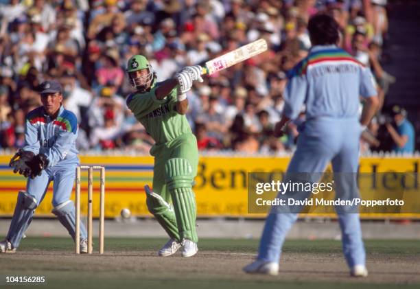 Imran Khan batting during his innings of 72 runs for Pakistan in the World Cup Final between Pakistan and England at the Melbourne Cricket Ground,...