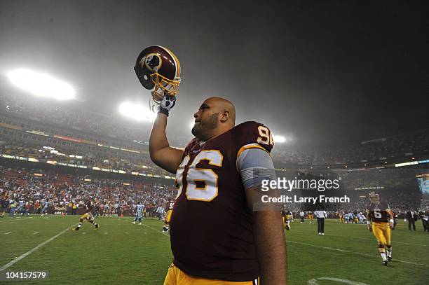 Maake Kemoeatu of the Washington Redskins celebrates the victory after the NFL season opener against the Dallas Cowboys at FedExField on September...