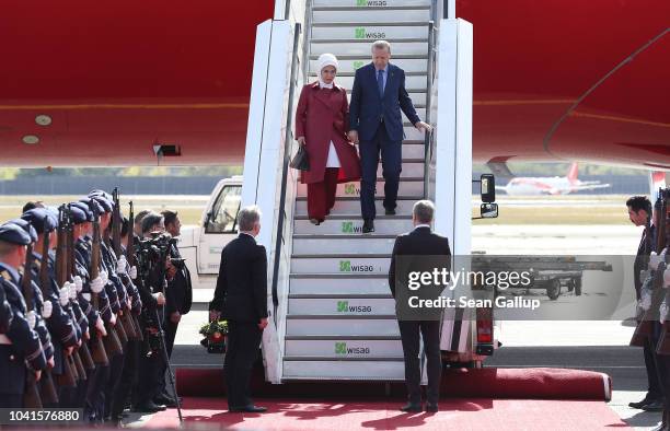 Turkish President Recep Tayyip Erdogan and his wife Ermine arrive at Tegel Airport on September 27, 2018 in Berlin, Germany. Erdogan is coming for a...