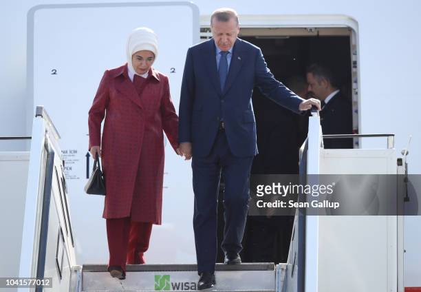 Turkish President Recep Tayyip Erdogan and his wife Ermine arrive at Tegel Airport on September 27, 2018 in Berlin, Germany. Erdogan is coming for a...