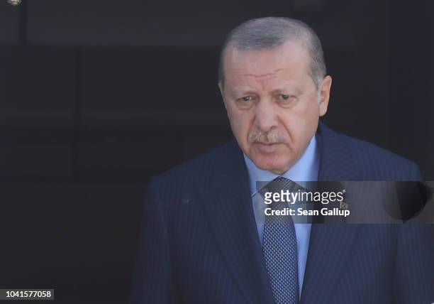 Turkish President Recep Tayyip Erdogan arrives at Tegel Airport on September 27, 2018 in Berlin, Germany. Erdogan is coming for a three-day visit to...