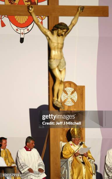 Pope Benedict XVI conducts the Papal Mass at Bellahouston Park on September 16, 2010 in Glasgow, Scotland. Pope Benedict XVI is conducting the first...