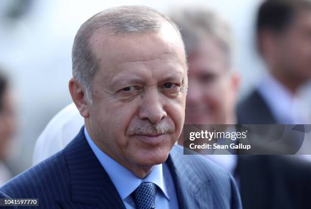 Turkish President Recep Tayyip Erdogan arrives at Tegel Airport on September 27, 2018 in Berlin, Germany. Erdogan is coming for a three-day visit to...