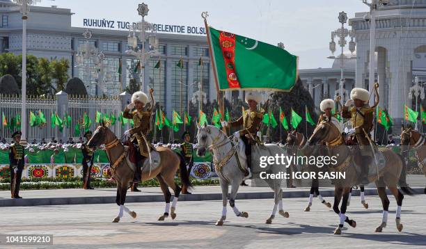 Participants take part in a parade in central Ashgabat on September 27 on the 27th anniversary of Turkmenistan's independence.