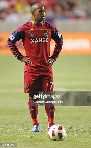 Andy Williams of Real Salt Lake of waits for play to resume in a game against Toronto FC during the first half of an CONCACAF soccer game September...