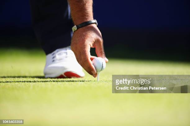 Ball is placed on the tee prior to the 2018 Ryder Cup at Le Golf National on September 27, 2018 in Paris, France.