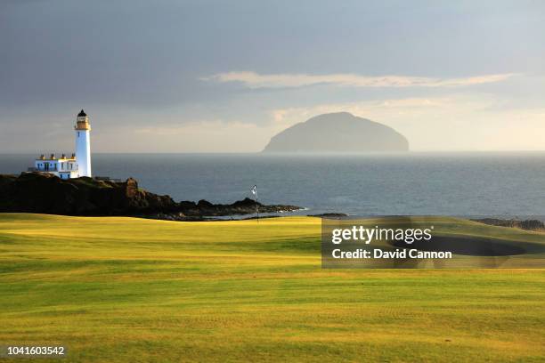 View of the approach to the green on the par 5, eighth hole on the King Robert the Bruce Course at the Trump Turnberry Resort on July 29, 2018 in...