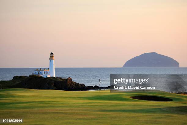 View of the approach to the green on the par 5, eighth hole on the King Robert the Bruce Course at the Trump Turnberry Resort on July 29, 2018 in...