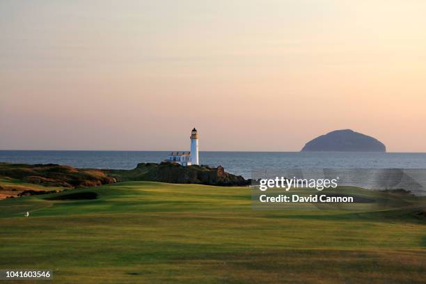 View of the approach to the green on the par 5, eighth hole on the King Robert the Bruce Course at the Trump Turnberry Resort on July 29, 2018 in...