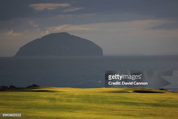 View of the approach to the green on the par 5, eighth hole on the King Robert the Bruce Course at the Trump Turnberry Resort on July 29, 2018 in...