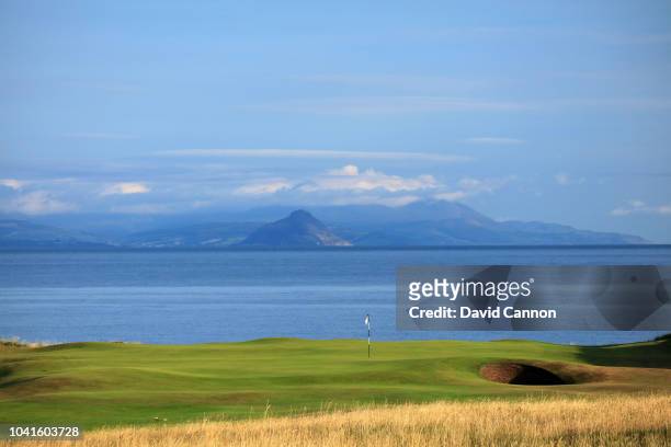 View of the par 4, ninth hole with the Isle of Arran in the distance on the King Robert the Bruce Course at the Trump Turnberry Resort on July 29,...