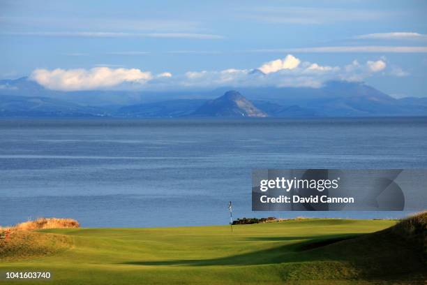 View of the par 4, ninth hole with the Isle of Arran in the distance on the King Robert the Bruce Course at the Trump Turnberry Resort on July 29,...