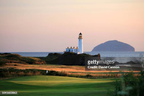 View of the approach to the green on the par 5, 11th hole on the King Robert the Bruce Course at the Trump Turnberry Resort on July 29, 2018 in...