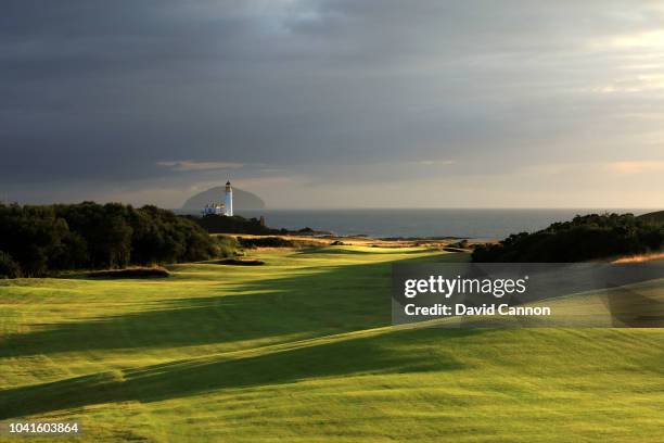 View of the approach to the green on the par 5, 11th hole on the King Robert the Bruce Course at the Trump Turnberry Resort on July 29, 2018 in...