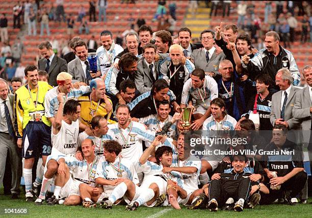 Lazio celebrate winning the Coppa Italia Final Second Leg match against Inter Milan at the San Siro, in Milan, Italy. The match ended in a 0-0 draw....