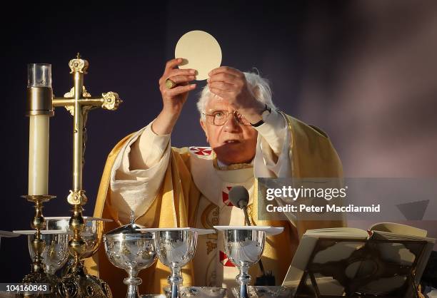 Pope Benedict XVI conducts Mass at Bellahouston Park on September 16, 2010 in Glasgow, Scotland. Pope Benedict XVI is conducting the first state...