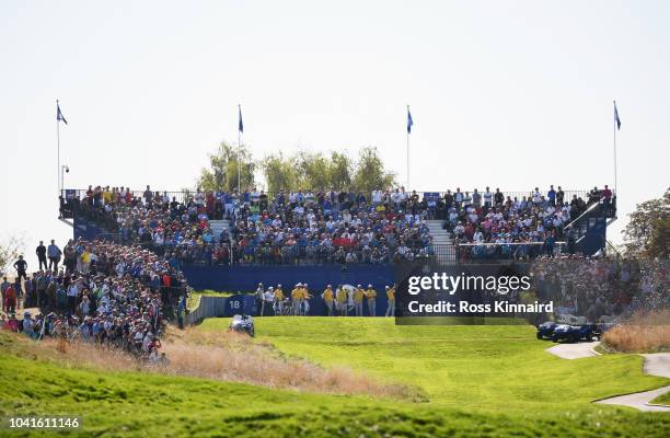 Tommy Fleetwood of Europe tees off during practice prior to the 2018 Ryder Cup at Le Golf National on September 27, 2018 in Paris, France.