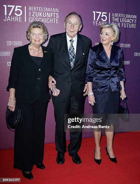 Bertelsmann Chairwoman Liz Mohn arrives with former German Foreign Minister Hans-Dietrich Genscher and his wife Barbara for the Bertelsmann 175 years...