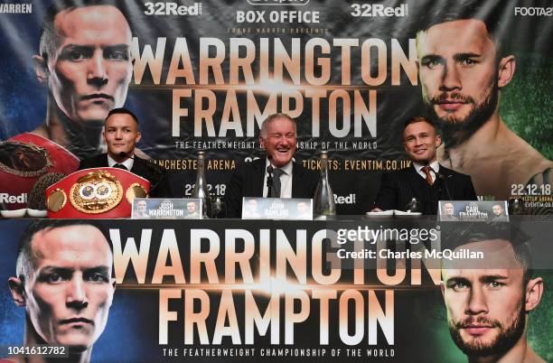 Josh Warrington and Carl Frampton react to questions from the floor during a press conference at the Clayton hotel on September 27, 2018 in Belfast,...