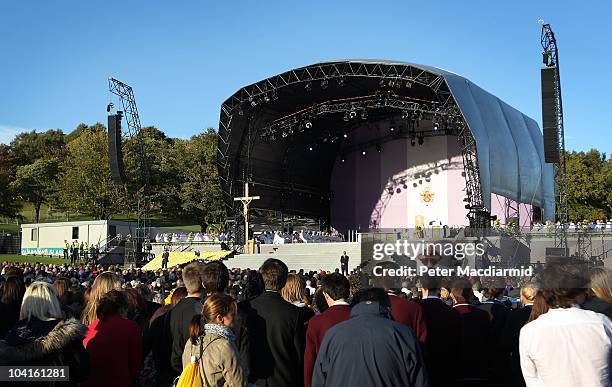 Pope Benedict XVI conducts Mass at Bellahouston Park on September 16, 2010 in Glasgow, Scotland. Pope Benedict XVI is conducting the first state...