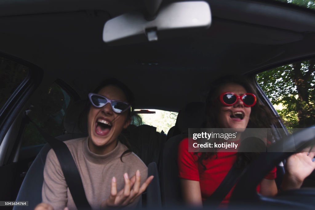 Two happy young women having fun in car