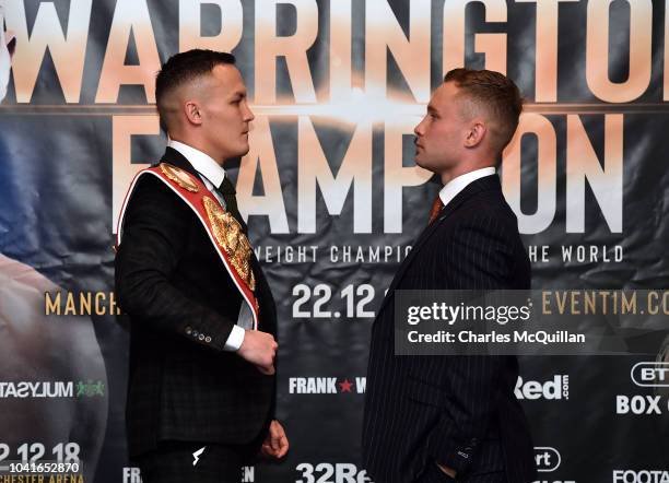 Josh Warrington and Carl Frampton pose during a press conference at the Clayton hotel on September 27, 2018 in Belfast, Northern Ireland. Josh...