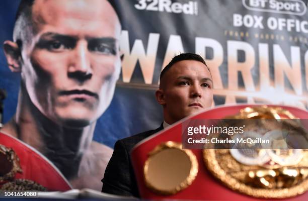 Boxer Josh Warrington looks on during a press conference at the Clayton hotel on September 27, 2018 in Belfast, Northern Ireland. Josh Warrington...